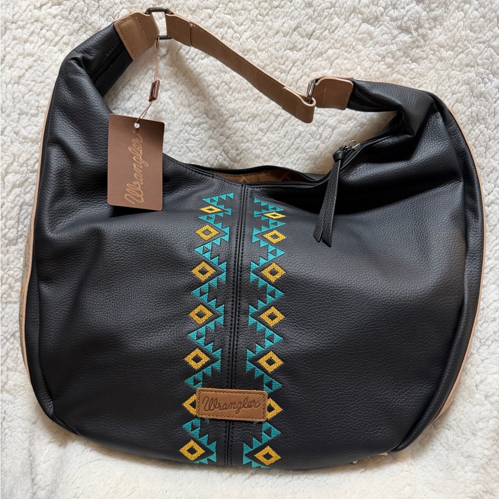 NEW Wrangler Aztec Embroidered Large Hobo Bag, Black Synthetic Leather